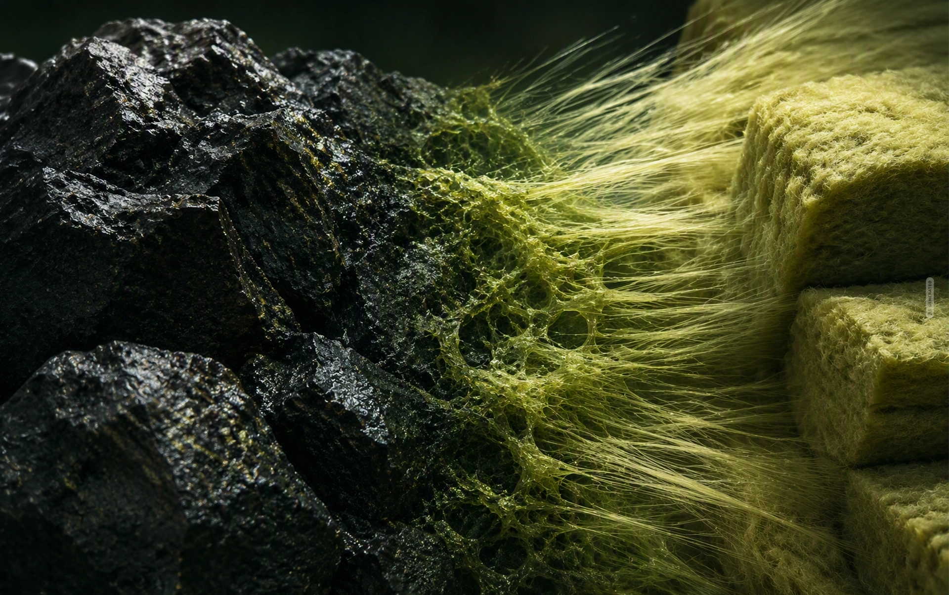 Trasformazione di roccia vulcanica in fibre isolanti verdi, immagine concettuale AI sull'isolamento FIR