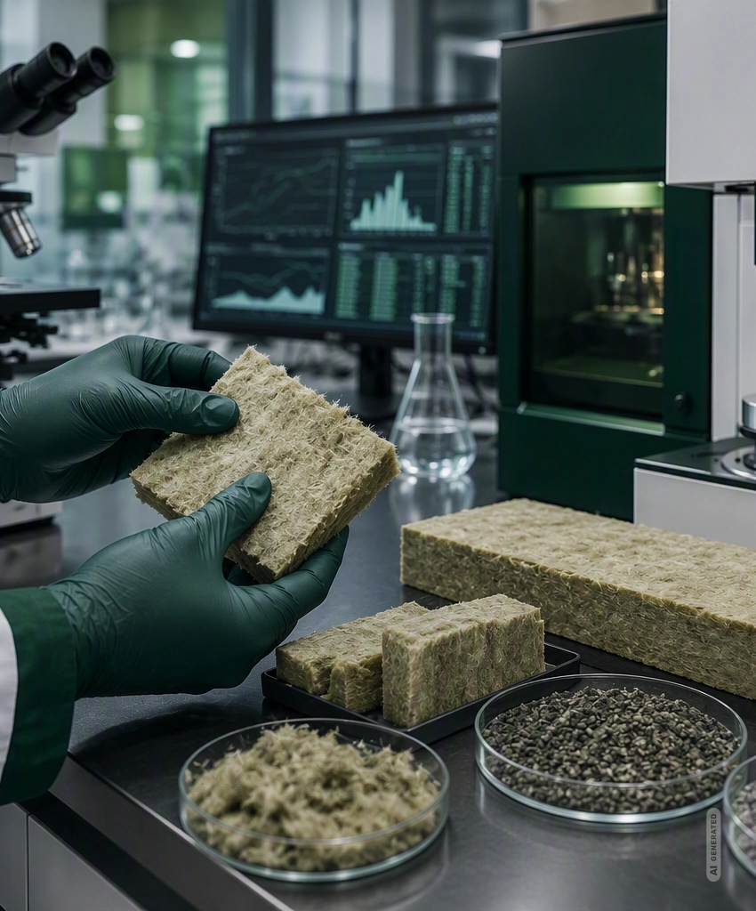 Tecnico di laboratorio con guanti esamina un campione di lana di roccia isolante