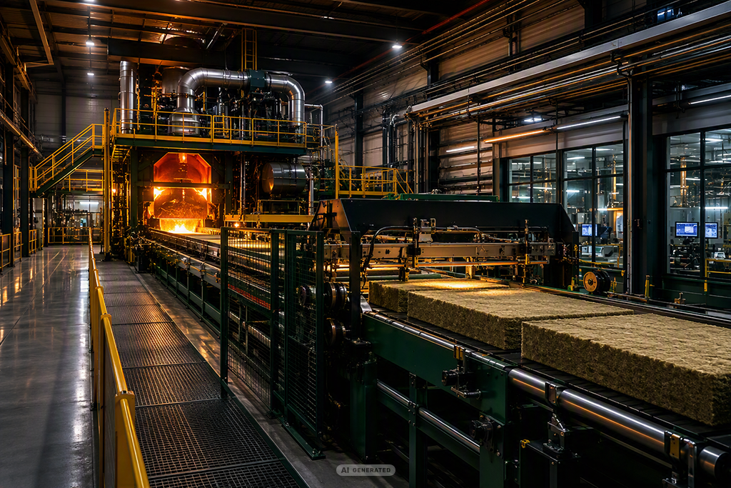 Linea di produzione FIR con forno fusorio e pannelli di lana minerale sul nastro trasportatore